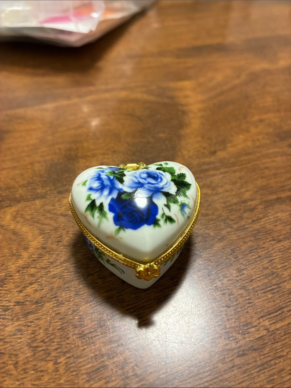 Heart-Shaped Porcelain Trinket Box with Blue Rose Design